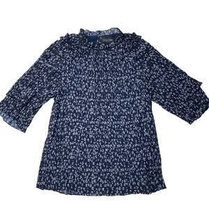 Saloni Cora Top Navy Blue Floral Pleated Blouse Ruffle Neck Size 2 Women's